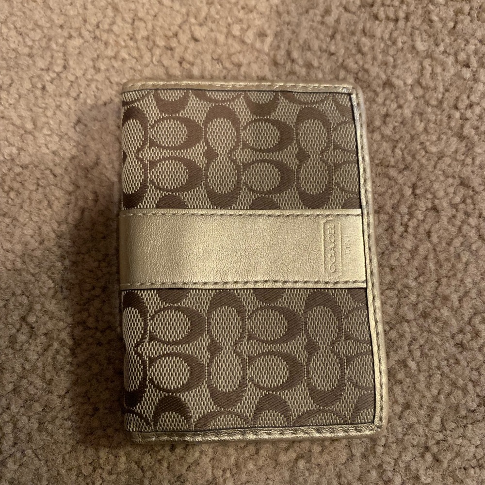 Coach Brown Signature Canvas Compact Wallet with Metallic Trim